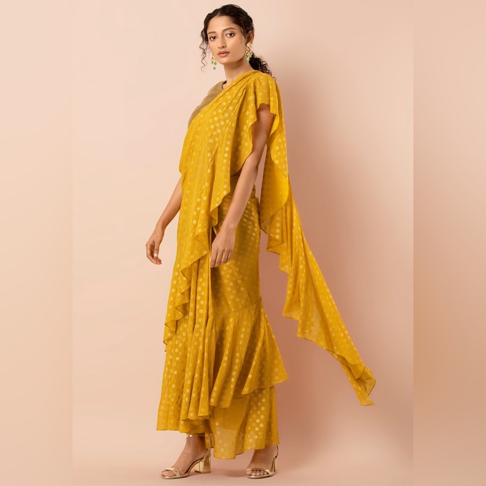 Yellow Foil Ruffled Pre-Stitched Saree (Without Blouse) Size Small - Picture 3 of 6